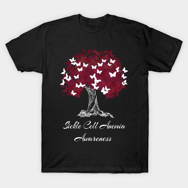 Sickle Cell Anemia Awareness Red Ribbon Tree With Butterflies T-Shirt by MerchAndrey